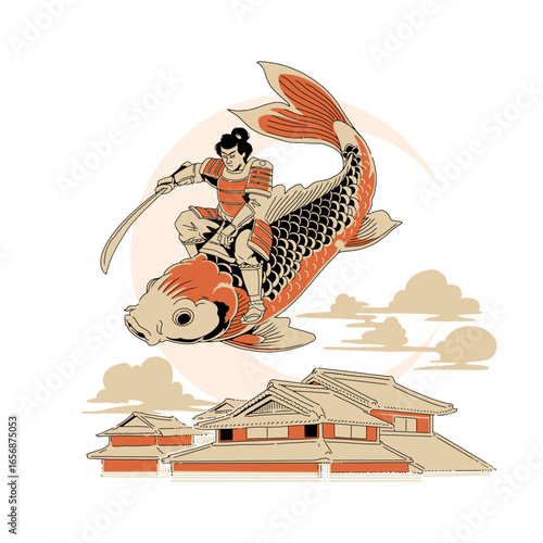 Schilderij op canvas Samurai warrior rides giant koi fish above traditional Japanese architecture and