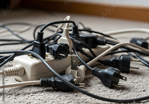Messy Power Strip with Multiple Plugs and Tangled Cables