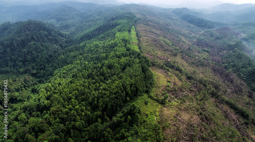 Obraz premium A vast landscape showcases a striking contrast between lush green forests and recent deforestation.