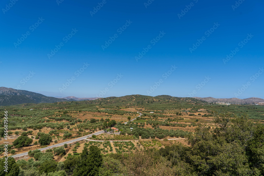 Vast agricultural landscape with olive groves, vineyards, and rural roads in Crete Vast agricultural landscape with olive groves, vineyards, and rural roads in Crete