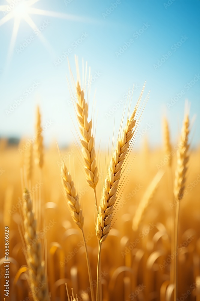 Fototapeta premium Golden wheat field under a bright blue sky with the sun shining.