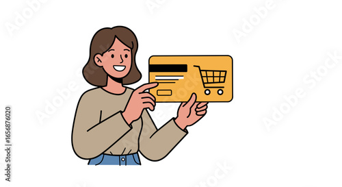 Smiling woman holding a yellow card with a shopping cart symbol for online purchasing concept design
