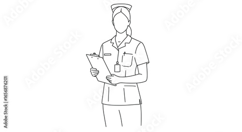 Line drawing of a nurse holding a clipboard wearing scrubs and a cap in a standing pose looking forward