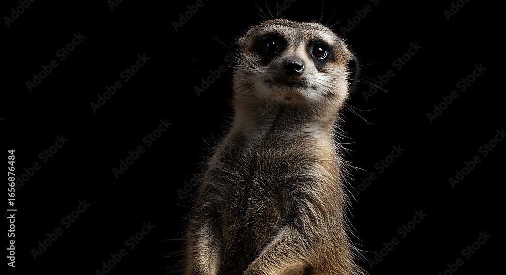 Fototapeta premium Cute Meerkat Sitting Upright in Dark Background with Focused Expression