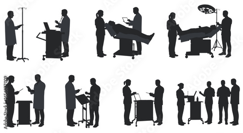 Depiction of medical personnel performing tasks and assisting patients with equipment in a hospital setting