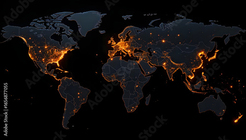 World map city lights population density earth continents countries atlas view