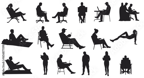 Silhouettes depicting various people sitting and lying down in different postures and activities