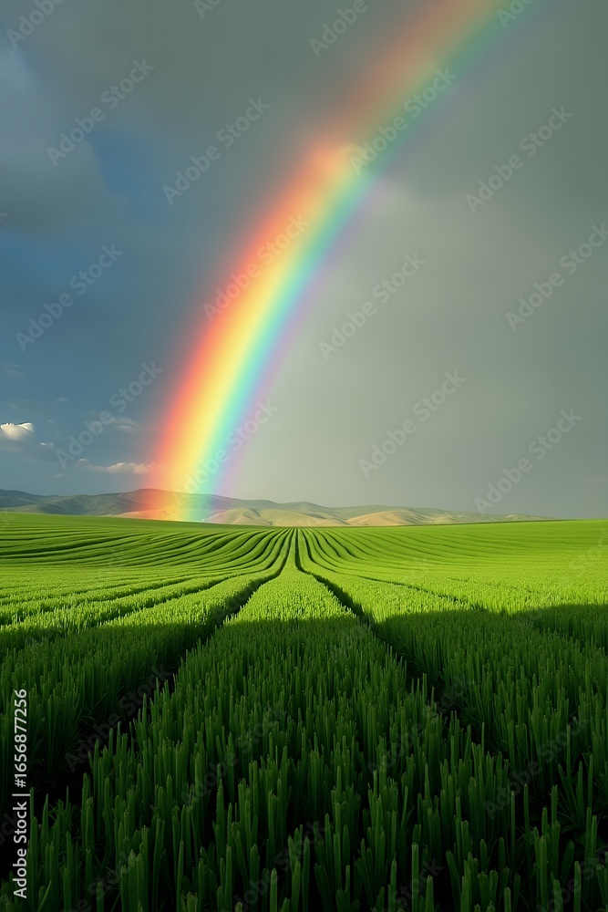 Obraz premium Rainbow arches over a vibrant green field.