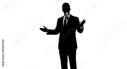 Silhouette of a speaker in a suit with a microphone giving a presentation with open hand gestures