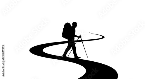Silhouette of a hiker with backpack and trekking poles walking on a winding path in a graphic style