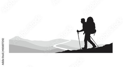 Silhouette of a hiker with a backpack and trekking poles ascending a mountain with distant peaks view