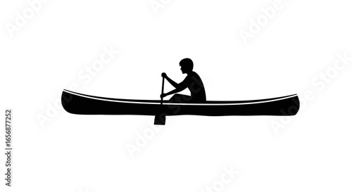 Silhouette of a person paddling a canoe with an oar on a bright surface showing water sport activity