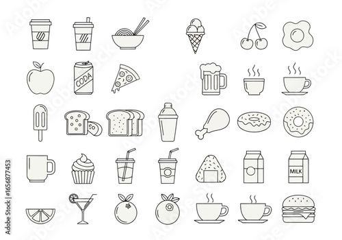 Vector illustration of assortment of handdrawn food and drink icons including meals, snacks, and beverages