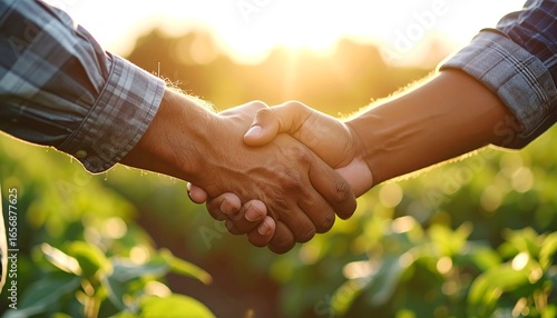 Two individuals shake hands amidst a lush green field, bathed in warm sunlight, creating a strong image of partnership and agreement.