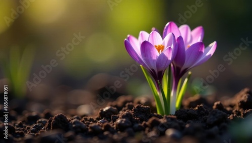 Delicate purple crocus blooms emerge from rich soil , flower photography, purple