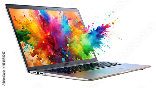 Laptop with vibrant color explosion on screen isolated on transparent background, showcasing modern technology and creative digital design