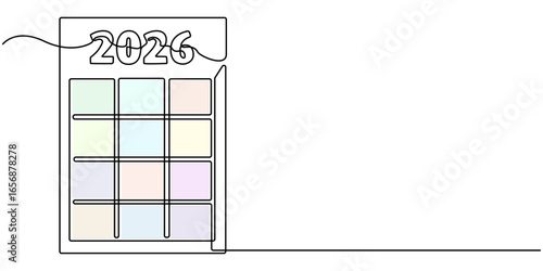  calendar continuous line drawing. One line art of calendar 2026, memorable date, countdown, holiday, weekday and weekend. Hand drawn one outline design vector. Editable stroke. 