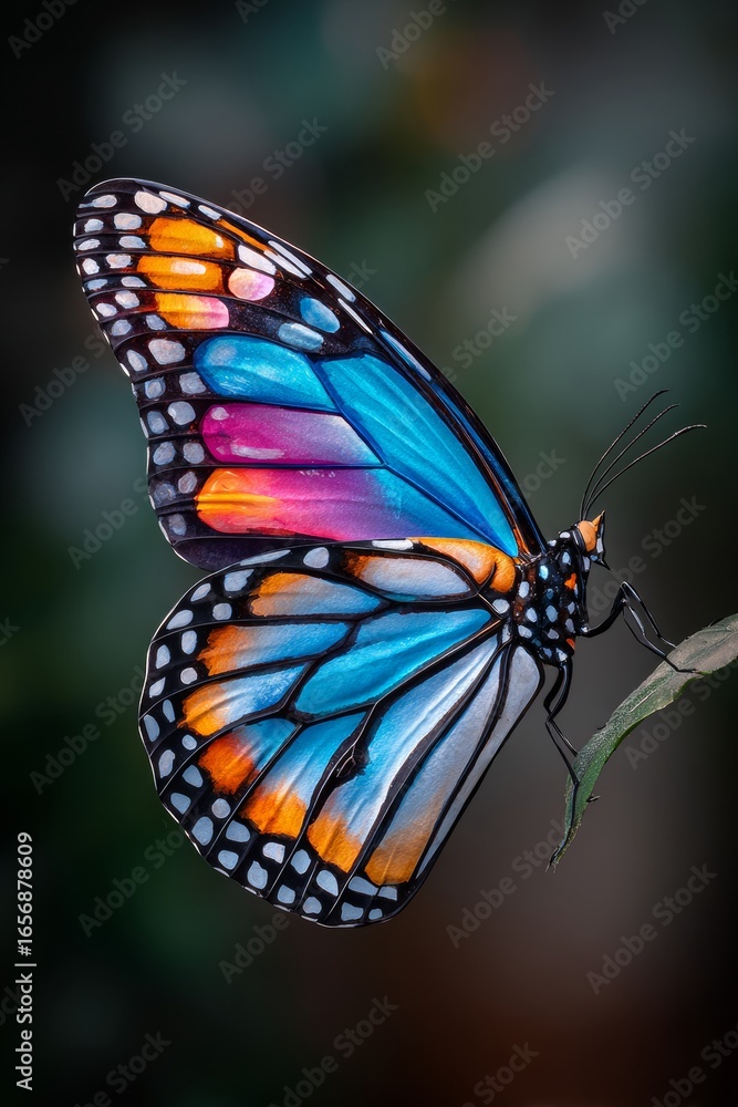 Obraz premium A stunning, stylized close-up photograph of a butterfly with vibrant wings showcasing a beautiful palette of orange, pink, purple, and blue hues, with a blurred natural background.