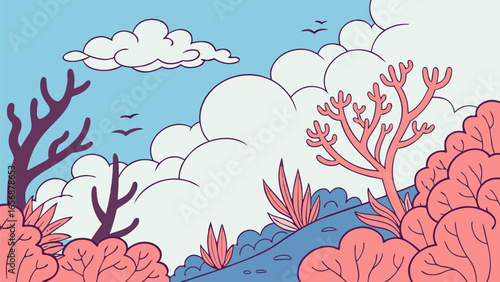 Vibrant and dreamlike surreal landscape with fluffy elements