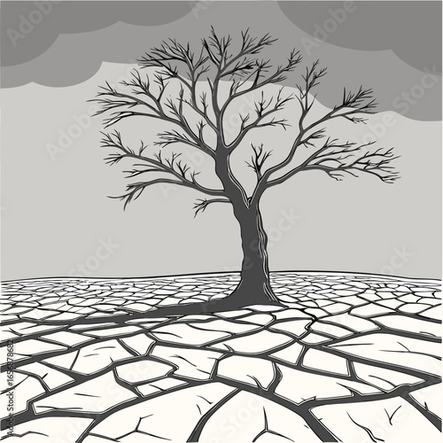 Solitary bare tree in a vast dry desert landscape
