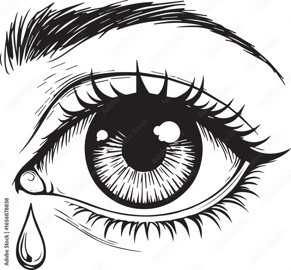 Obraz premium Tears of Empathy: A poignant ink illustration captures the essence of raw emotion, featuring a single teardrop cascading from a detailed eye, evoking deep empathy and vulnerability.