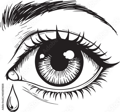 Tears of Empathy: A poignant ink illustration captures the essence of raw emotion, featuring a single teardrop cascading from a detailed eye, evoking deep empathy and vulnerability.