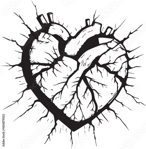 Cracked Heart: An intricate, black and white artistic depiction of a heart, fractured by radiating cracks, symbolizes emotional pain, vulnerability, and resilience.