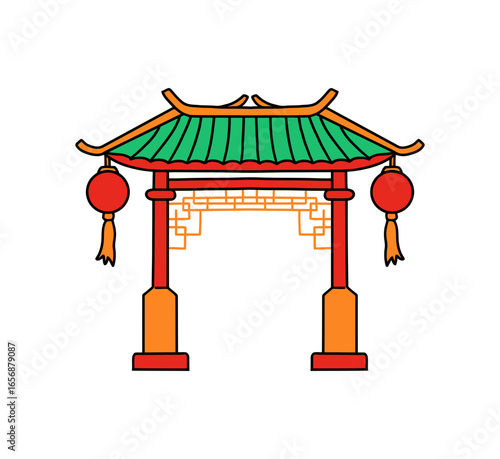 Traditional Chinese Gate with Lanterns and Ornate Design Elements Featuring Green Roof and Red Pillars