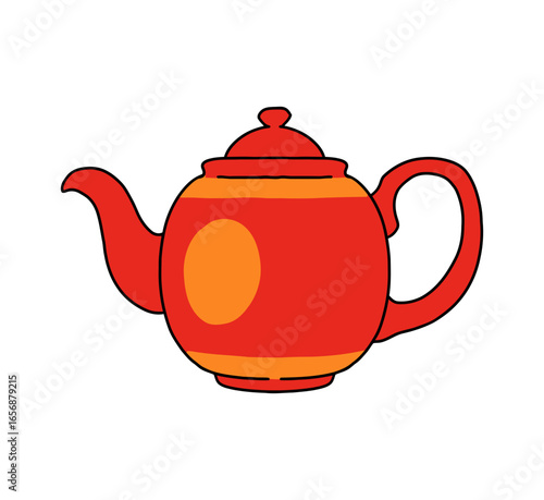 A simple, stylized red and orange teapot with a round body, spout, handle, and lid, presented with bold black outlines against a transparent backdrop, perfect for culinary themes.