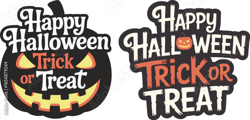 Happy Halloween Trick or Treat typography design. Jack o'lantern pumpkin graphic illustration. Spooky autumn holiday sticker set. Vector template for celebration.