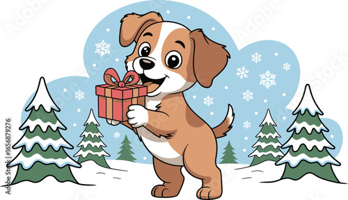 Cartoon puppy holding a Christmas gift in a snowy landscape