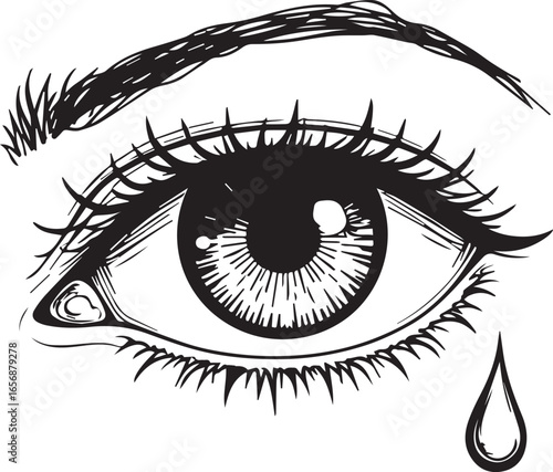 Eye of Sorrow: A poignant illustration depicts a single eye shedding a tear. The artistic representation embodies themes of grief, sadness, and deep emotional distress.