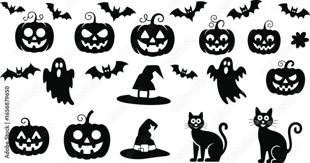 Obraz premium Halloween silhouette icon set. Jack o' lantern, ghost, bat, witch hat and black cat vector illustration. Spooky holiday graphic design elements.