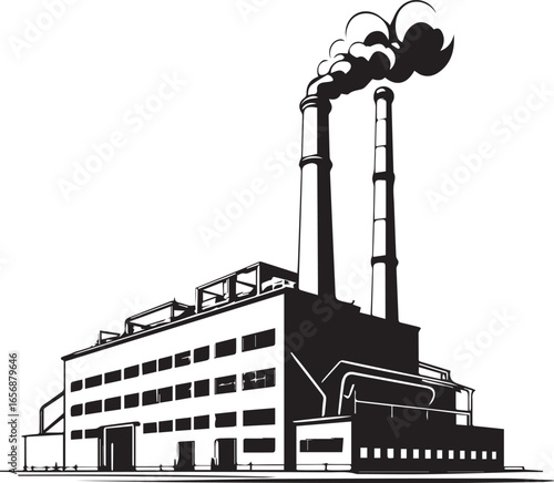 Industrial Silhouette: A striking monochromatic silhouette of an industrial facility, complete with towering smokestacks, conveying the essence of industry and environmental impact.