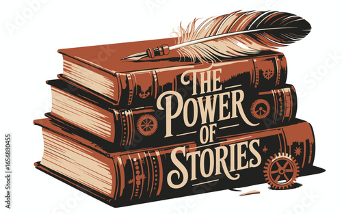 Stack of books with the power of stories text knowledge
