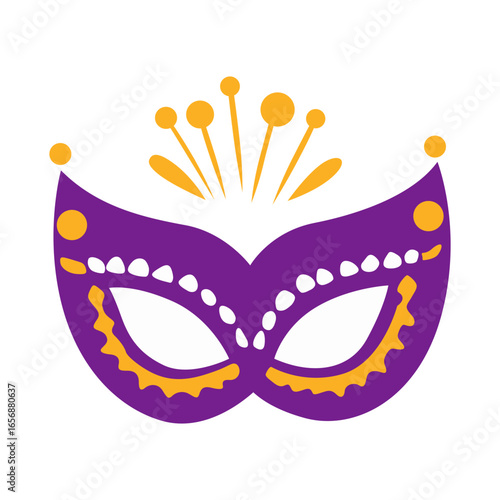 Festive purple and gold ornate masquerade mask with decorative elements and abstract bursts