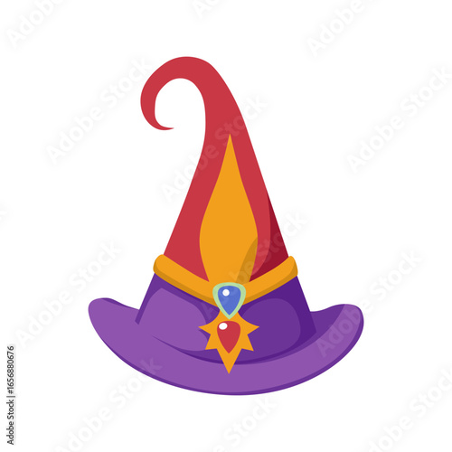 Whimsical wizard hat with vibrant purple brim and striking red and gold pointed crown adorned with a blue and red jewel emblem