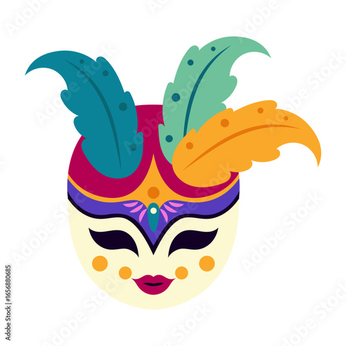 Colorful festival mask with ornate details and vibrant feathers, symbolizing celebration and masquerade