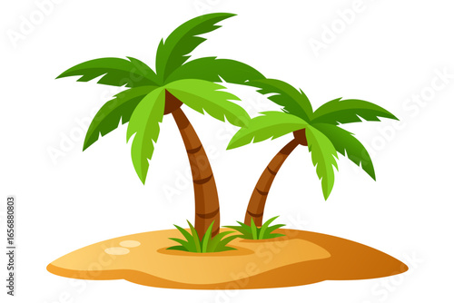 Escape to paradise with two vibrant palm trees gracing a sun-kissed sandy island, evoking tropical dreams and serene vacation vibes for your next project
