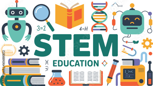 STEM education concept with robots and books STEM
