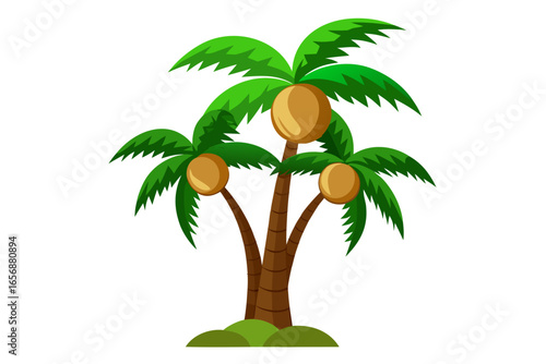 Vibrant tropical palm trees laden with ripe coconuts evoke sunny vacation vibes and exotic island escapes, perfect for summer marketing and travel promotions.