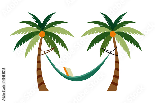 Relaxing hammock strung between two vibrant palm trees, inviting peaceful reading and serene tropical escape, perfect for vacation and leisure themes.