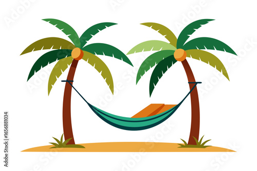 Escape to paradise with a relaxing hammock strung between two palm trees on a sandy beach, inviting tranquil vacation vibes and tropical getaway dreams.