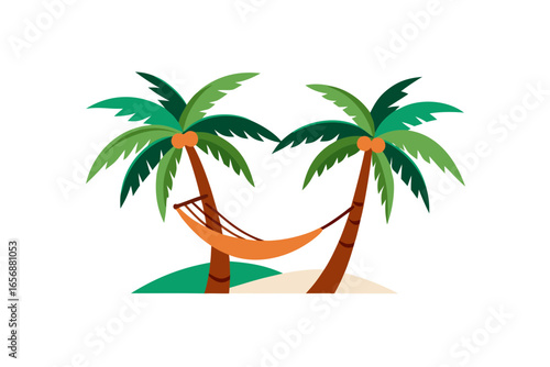 Escape to paradise with a relaxing hammock strung between two vibrant palm trees on a sandy beach, perfect for vacation dreams and tropical getaways