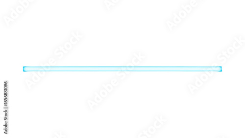 A vibrant, cyan-blue neon tube stretches diagonally from the bottom left to the top right of the frame, its intense glow creating a sharp, continuous line of light. Set against a deep, pure black void