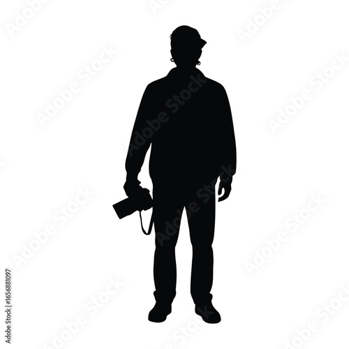 Black silhouette vector illustration of a man holding a camera