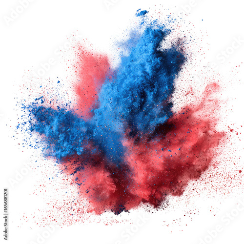 Burst of vibrant red and blue powder in mid-air against black background