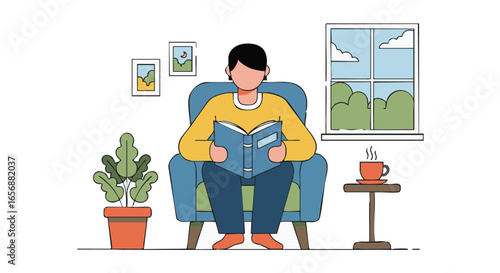 Man Reads a Book in Comfortable Armchair with a Cup of Coffee enjoying Quiet Time at Home
