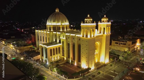 Aerial night view of Cathedral in Historic Center El Salvador
