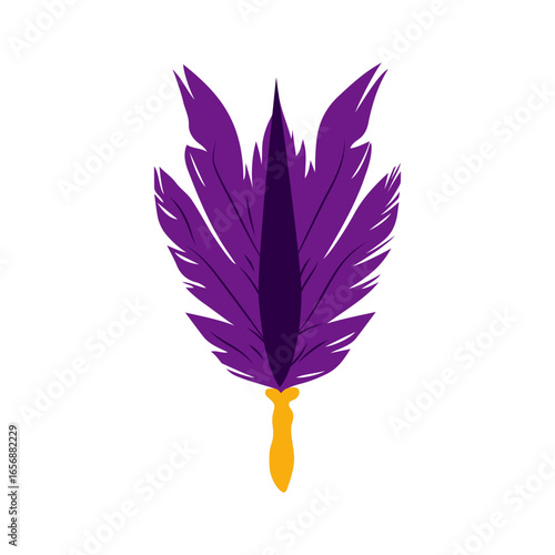 Elegant purple feather with a golden quill stem displayed against a neutral background